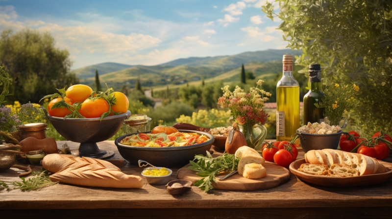 In this captivating image, the essence of Sardinia's farm-to-fork movement is vividly portrayed. A rustic wooden table is adorned with vibrant platters of sun-ripened tomatoes, aromatic basil leaves, freshly baked bread, and golden olive oil. The backdrop of rolling green hills completes the scene, reflecting the harmonious connection between the land's bounty and the delectable farm-fresh cuisine enjoyed by delighted diners.