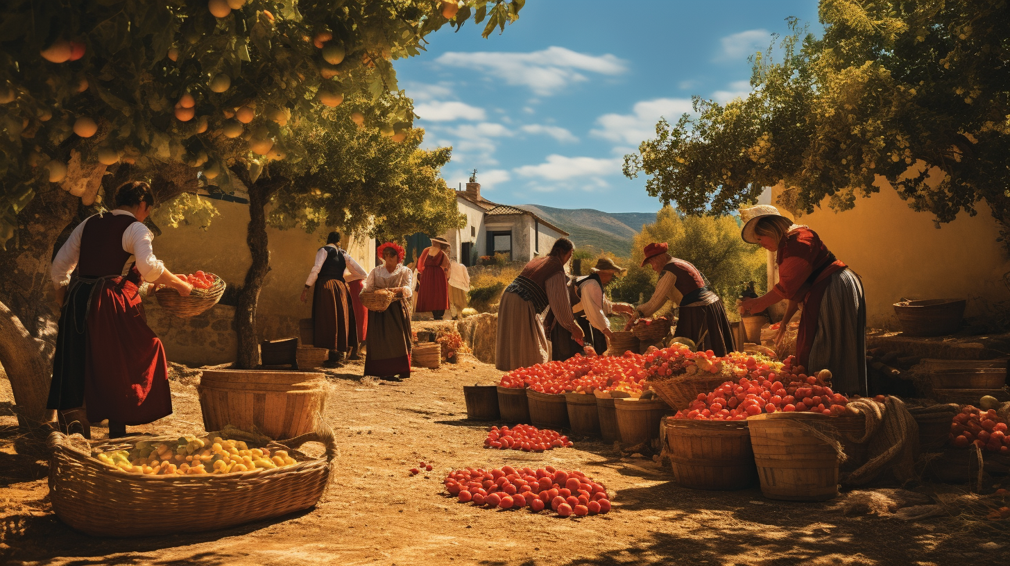 Vibrant Sardinian harvest festival: locals and tourists in traditional dances, lively markets, and communal farming activities amidst lush countryside.